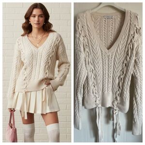Zara S 100% Cotton Cream Cable Knit Sweater Braided Lace Up Coquette